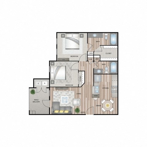 Floor plan for 2 beds, 2 baths, 960 sqft